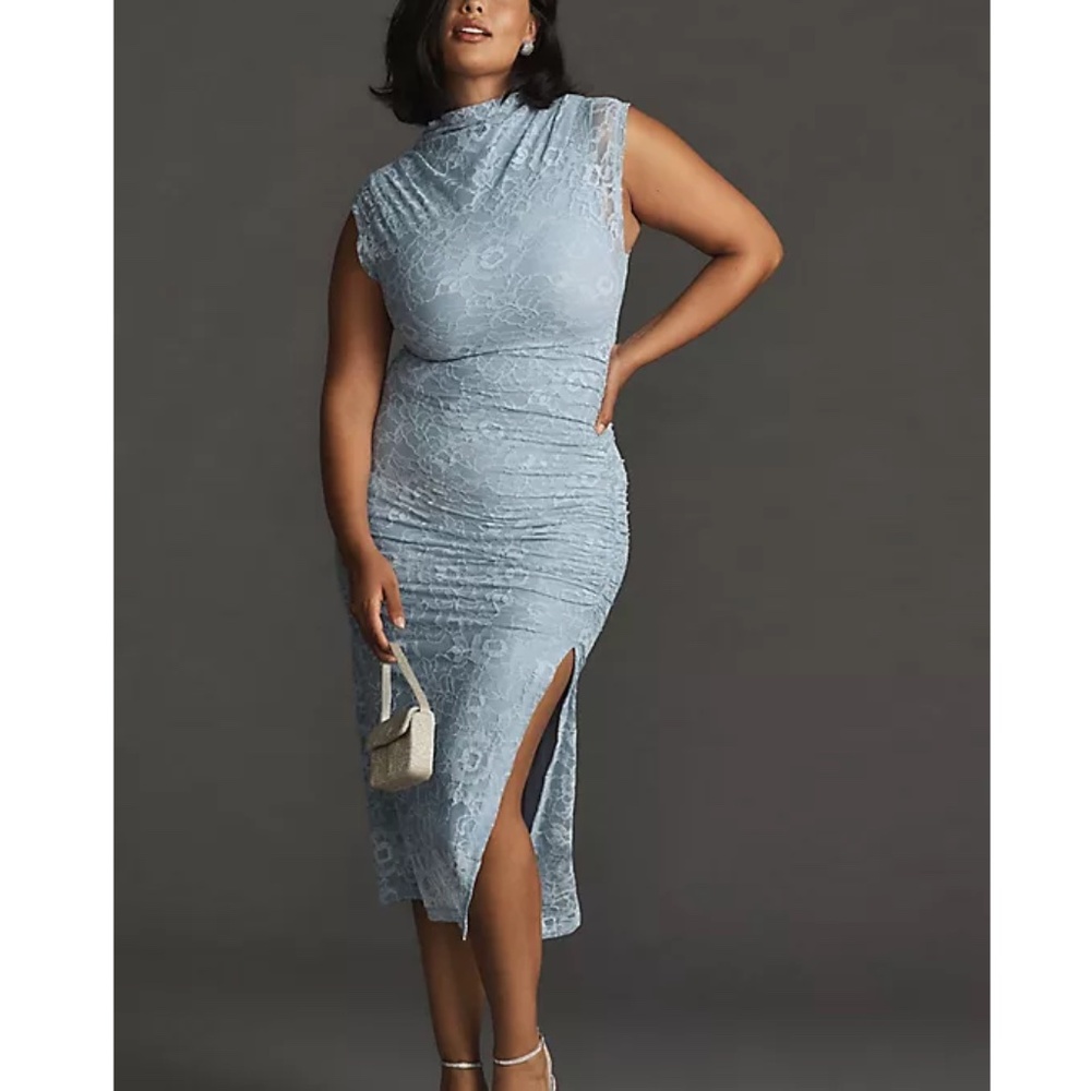 Anthropologie - The Maya Ruched Cowl-Neck Blue Lace Dress - 2X